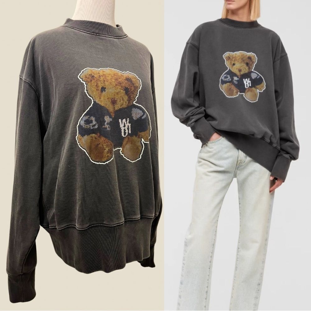 NWOT We11done Glow in the Dark Teddy Bear Sweatshirt Denim Jacket Charcoal XS